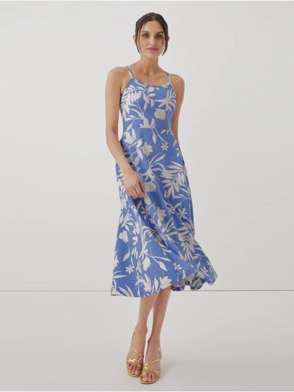 Pact Fit & Flare Midi Tropical Palm Wedgewood Print Dress S NWT